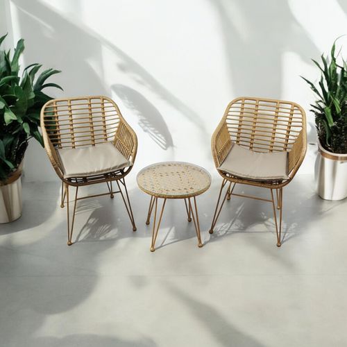 Rattan Garden Bistro set - 2 Chairs & Glass table